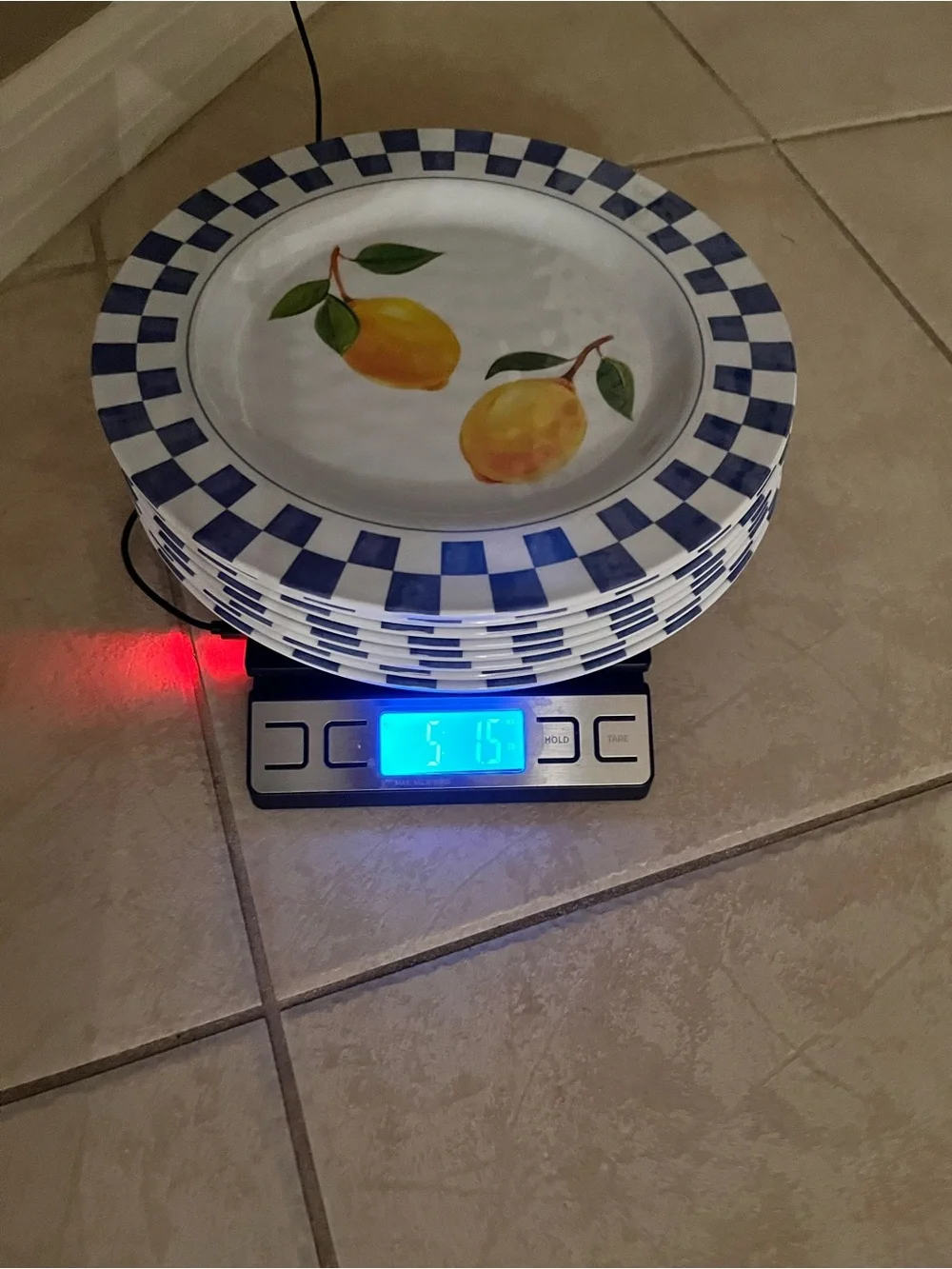 Blue Check & Lemon Melamine Dinner Plate - White/Blue/Yellow